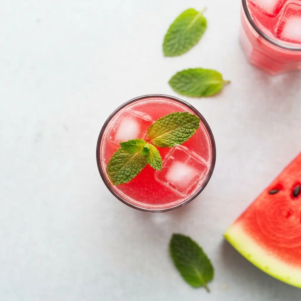 Watermelon Mojito Recipe: The Ultimate Refreshing Summer Cocktail 2 Overhead view of a watermelon mojito cocktail.