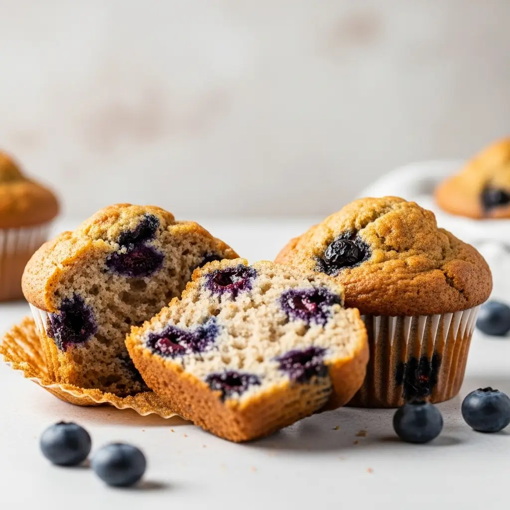 A moist whole wheat blueberry muffin broken in half to show the fluffy interior next to a whole muffin.
