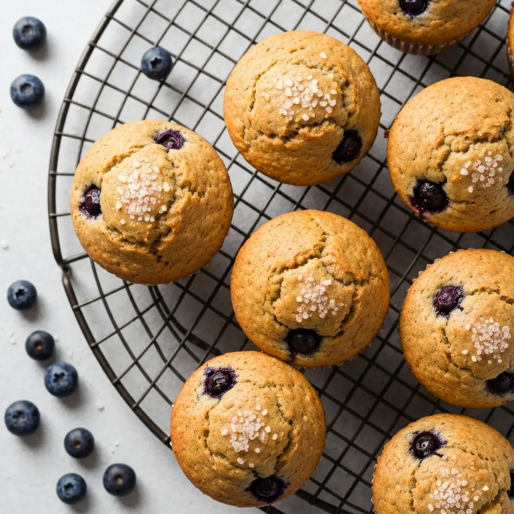 Whole Wheat Blueberry Muffin Recipe (Moist & Fluffy!) 2 An overhead shot of a batch of whole wheat blueberry muffins cooling on a wire rack.