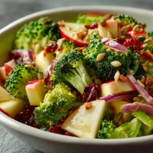 A close-up shot of apple broccoli salad in a serving bowl, showcasing the fresh, crisp textures of the broccoli florets and chopped apples.
