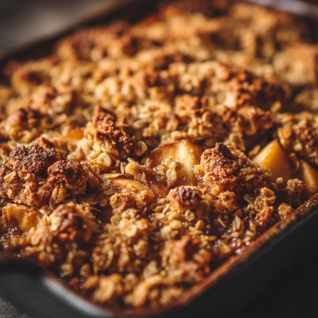 The crumbly oat topping for an easy apple crisp recipe being sprinkled over the apple filling in a baking dish before going into the oven.