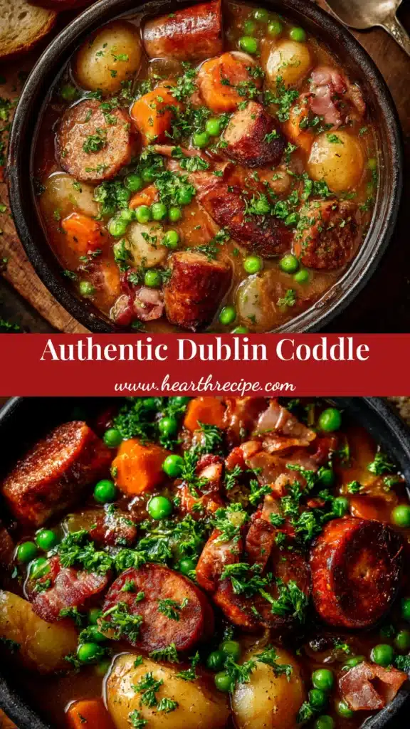 A savory bowl of traditional Dublin Coddle, featuring tender sausages, potatoes, and onions in a rich broth, garnished with fresh parsley. A perfect Irish comfort food recipe.