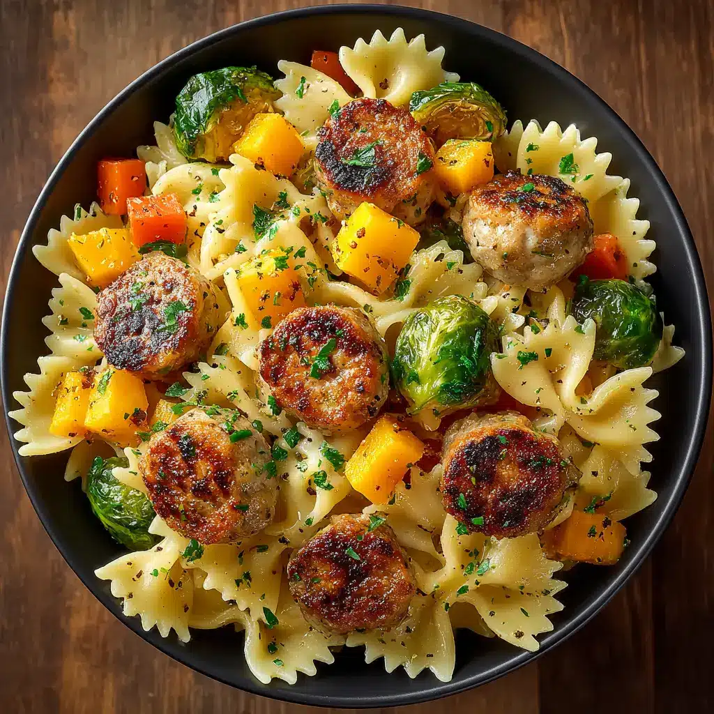 An overhead view of a styled table setting with two bowls of the finished Autumn Sausage Pasta, ready to be served.