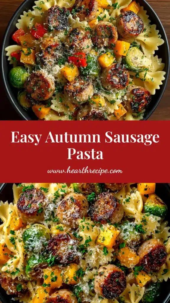 A close-up shot of a white bowl filled with creamy Autumn Sausage Pasta, garnished with fresh sage and parmesan cheese. The pasta is mixed with chunks of sausage and roasted butternut squash.