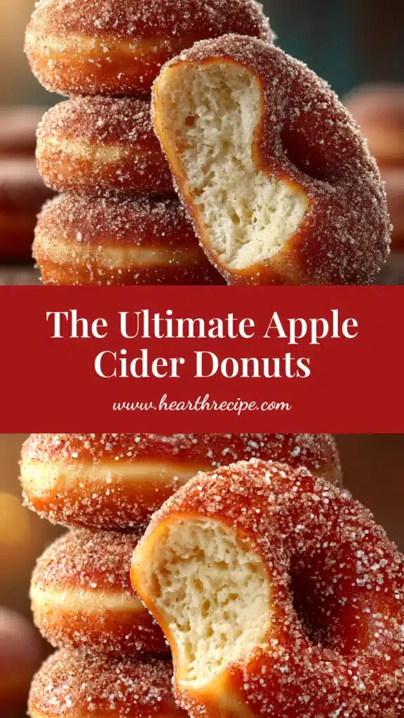 A stack of baked apple cider donuts coated in cinnamon sugar, with a bite taken out of the top one to show the moist, cakey interior. The donuts are on a white plate with a cozy fall background.