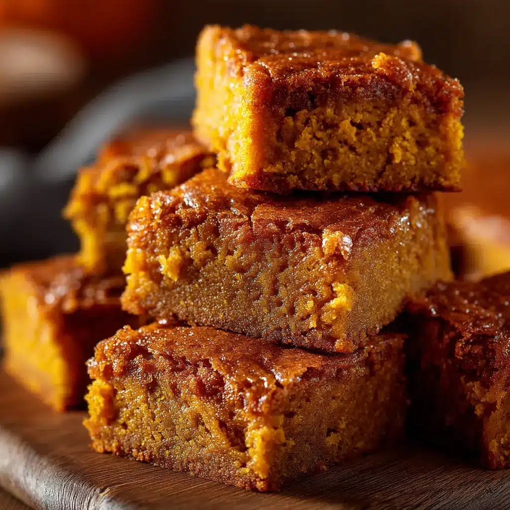 A freshly baked slab of pumpkin blondies cooling in a parchment-lined baking pan. The top is golden brown and perfectly set.