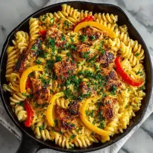 A skillet showing the creamy Cajun sauce with vegetables and pasta being mixed together.