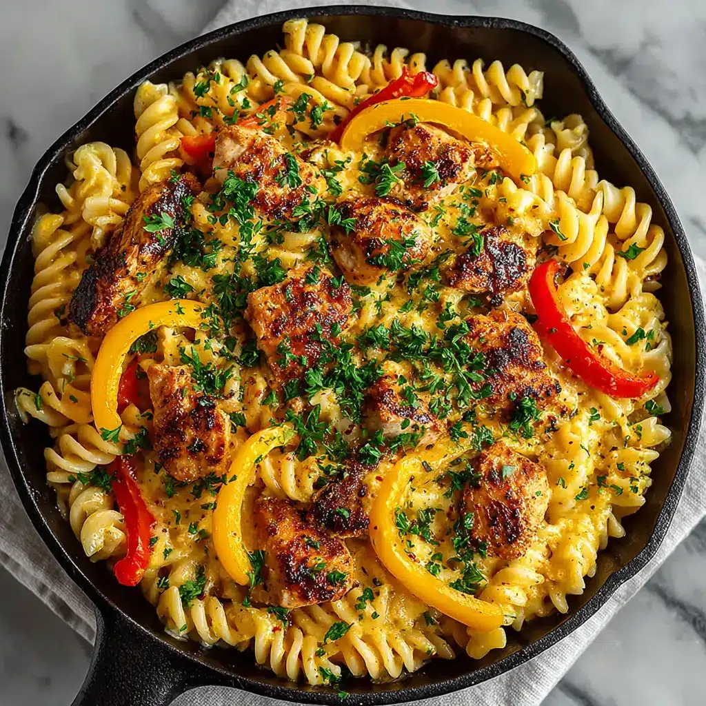 A skillet showing the creamy Cajun sauce with vegetables and pasta being mixed together.