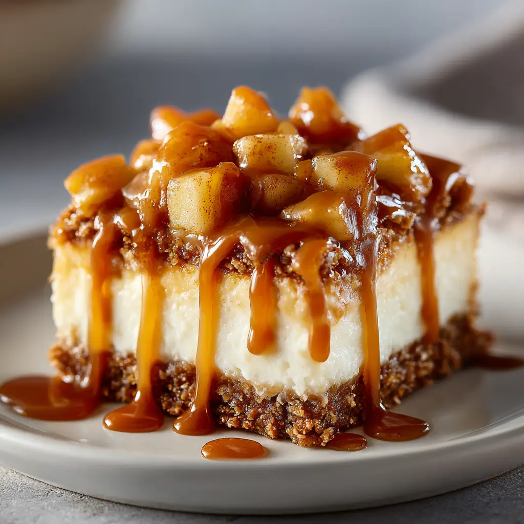 A top-down view of uncut Caramel Apple Cheesecake Bars in an 8x8 baking pan, with golden apples and swirled caramel sauce on top.