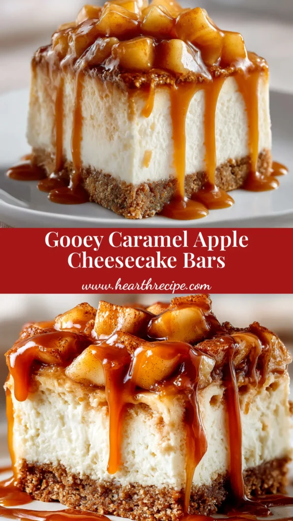A perfectly sliced Caramel Apple Cheesecake Bar on a white plate, showcasing layers of shortbread crust, creamy cheesecake, spiced apples, and a generous caramel drizzle.