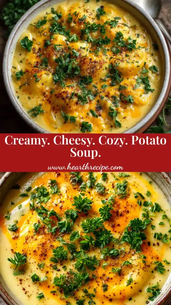 Cheddar Garlic Herb Potato Soup: The Ultimate Creamy Recipe 4 A close-up shot of a white bowl filled with creamy Cheddar Garlic Herb Potato Soup, garnished with fresh chives and shredded cheddar cheese.