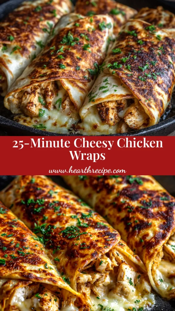 A close-up of two golden-brown, crispy Cheesy Garlic Chicken Wraps cut in half to show the creamy, melted cheese and chicken filling inside, served on a white plate.