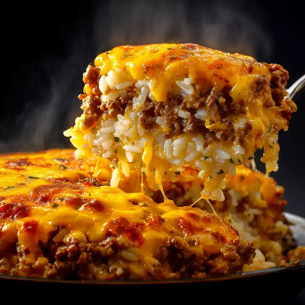 Cheesy Hamburger Rice Casserole (The Ultimate Comfort Food) 2 A 9x13 inch baking dish filled with cheesy hamburger rice casserole fresh from the oven, with a portion scooped out.