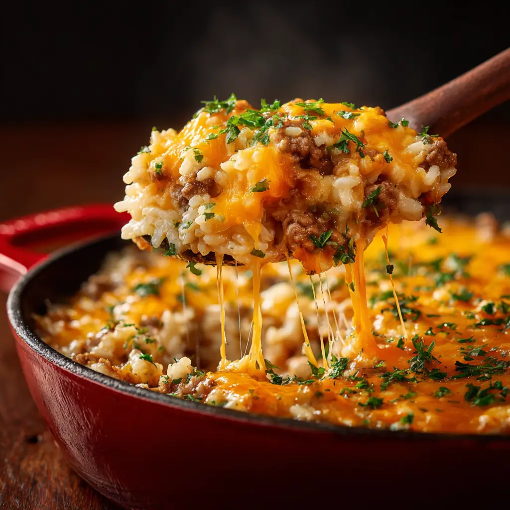 The ingredients for the Cheesy Hamburger Rice Casserole arranged on a countertop, including ground beef, rice, cheese, and tomatoes.