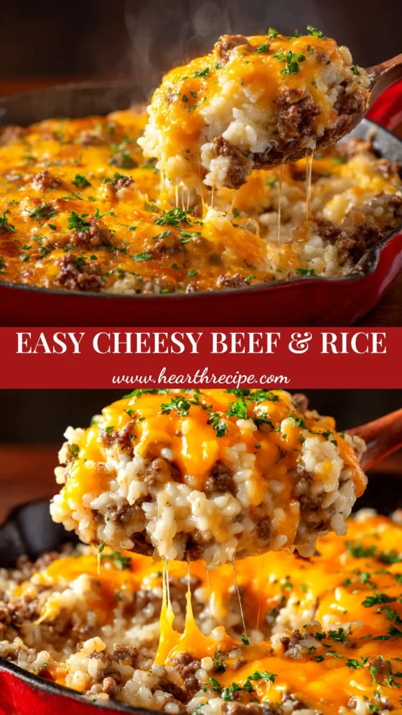 A delicious Cheesy Hamburger Rice Casserole in a cast iron skillet, topped with bubbly, golden-brown melted cheese and fresh parsley.