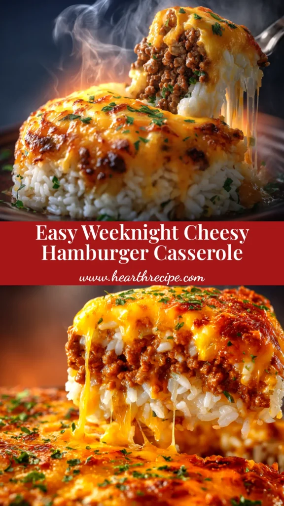 Cheesy Hamburger Rice Casserole (The Ultimate Comfort Food) 4 A close-up view of a scoop of cheesy hamburger rice casserole on a white plate, showcasing the melted cheese and savory ground beef.