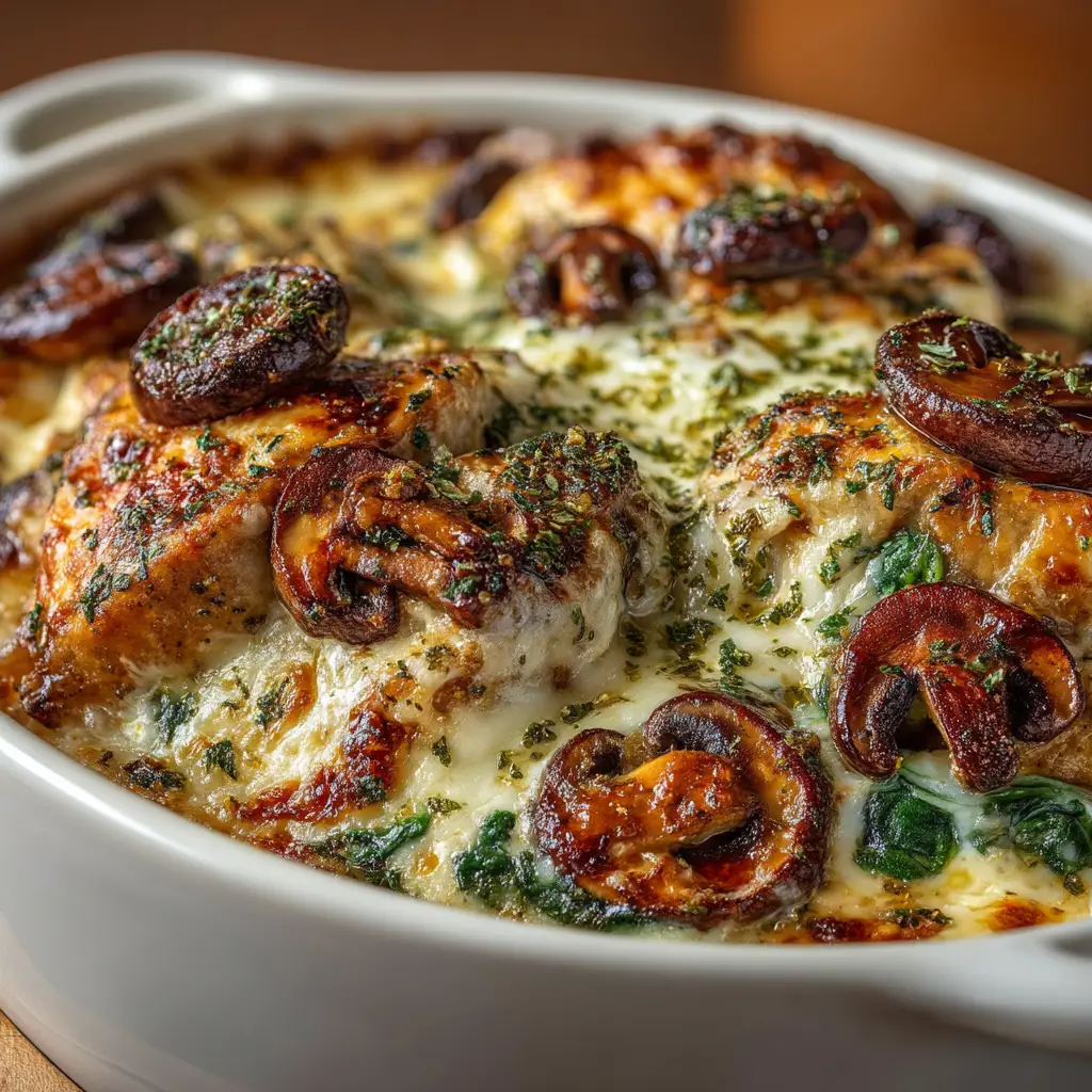 A close-up spoonful of the finished cheesy chicken and broccoli bake, showcasing the creamy texture and tender ingredients.