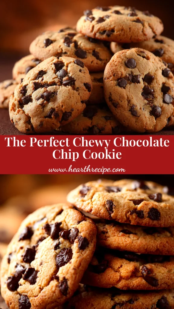 Chewy Chocolate Chip Cookie Recipe (The ONLY One You'll Need!) 3 A stack of cookies made from the best chewy chocolate chip cookie recipe, with one broken in half to show the gooey center.