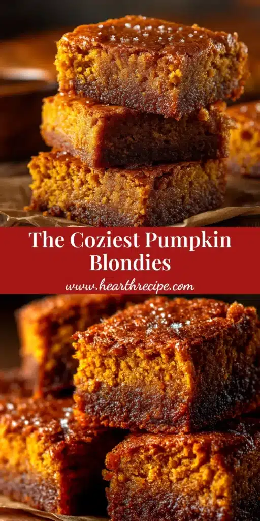 A stack of chewy pumpkin blondies on a plate, with one bite taken out to show the fudgy interior. The perfect easy fall dessert recipe.