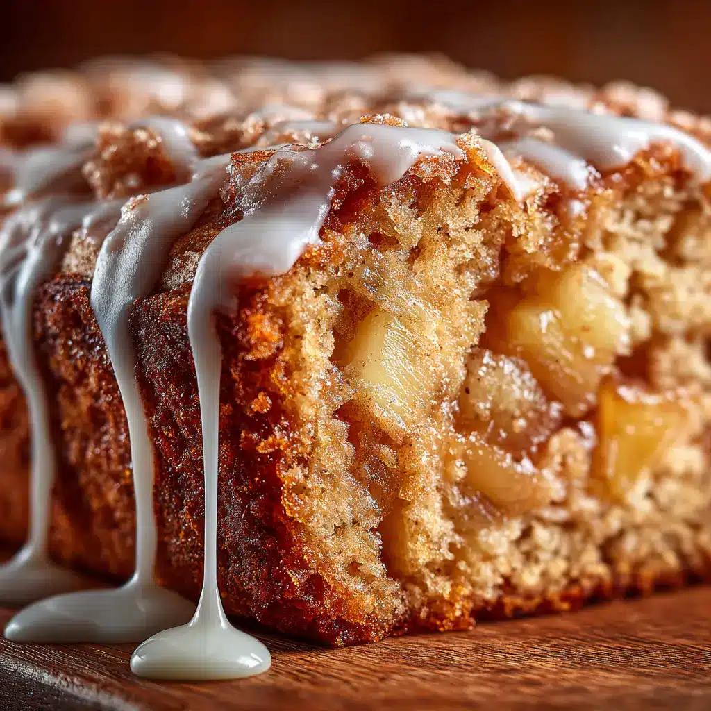 The thick batter for cinnamon apple bread being poured into a loaf pan before baking, with chunks of fresh apple visible.