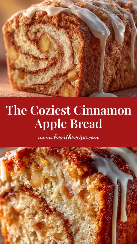 A beautiful sliced loaf of moist Cinnamon Apple Bread on a wooden board, with fresh apples and cinnamon sticks nearby. The perfect easy apple bread recipe.