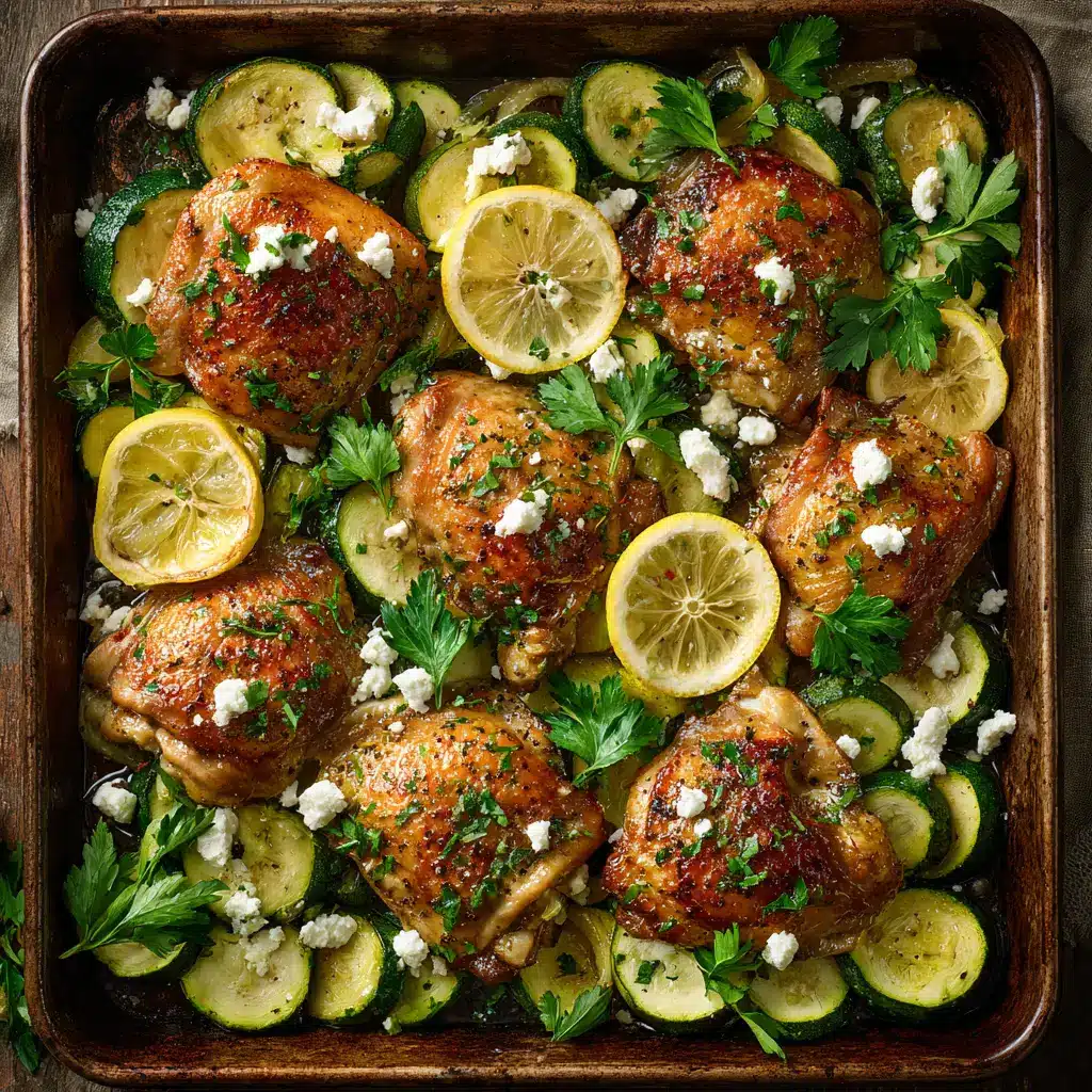 A close-up view of the cooked Sheet Pan Mediterranean Chicken, garnished with fresh parsley and feta.