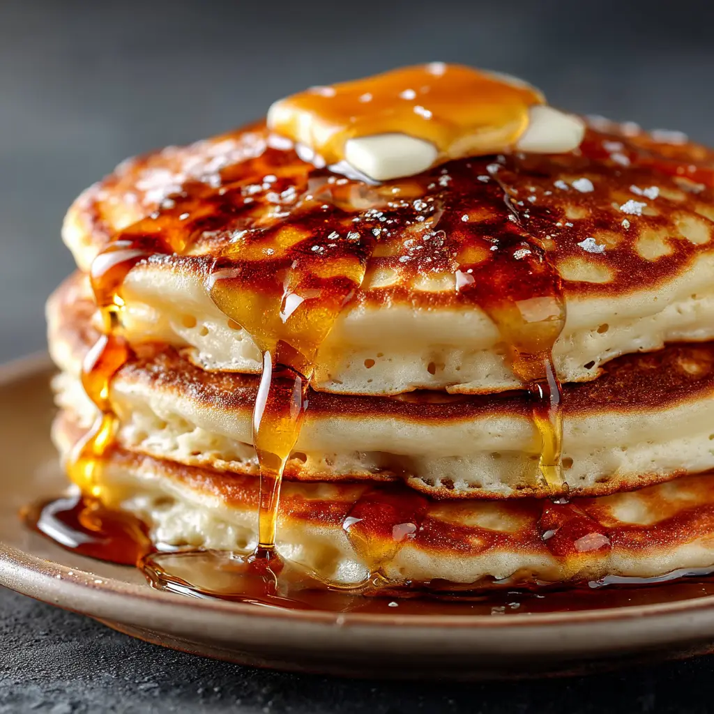 A golden-brown pancake cooking on a non-stick skillet, with bubbles forming on the surface, indicating it's ready to be flipped.