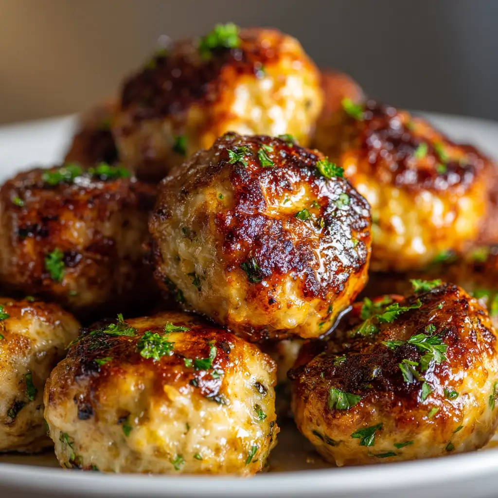 Garlic Parmesan Chicken Meatballs: The Juiciest, Most Flavorful Recipe 1 Seared chicken meatballs being added back into a skillet with bubbling, creamy garlic parmesan sauce.