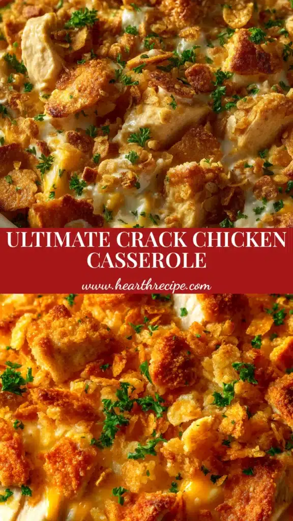 Crack Chicken Casserole: The Ultimate Cheesy Bacon Ranch Bake 4 A close-up overhead shot of a golden, bubbly Crack Chicken Casserole in a white baking dish, garnished with fresh green onions.