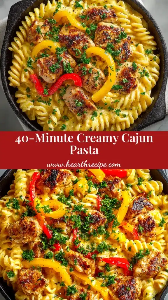 A top-down view of a white bowl filled with creamy Cajun Chicken Pasta, garnished with fresh parsley and parmesan cheese.
