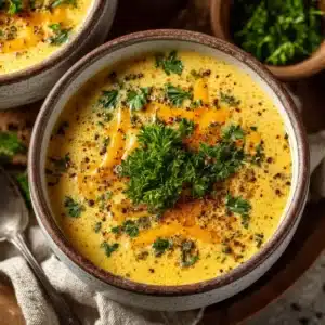 A top-down view of a pot of creamy cheddar potato soup, with a wooden spoon resting inside, showcasing its thick texture.