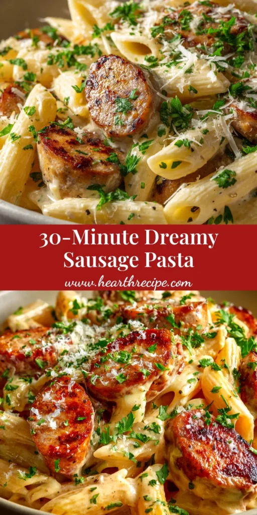 A large white bowl filled with creamy chicken sausage pasta, garnished with fresh parsley and parmesan cheese. The pasta is penne, coated in a rich, smooth sauce.