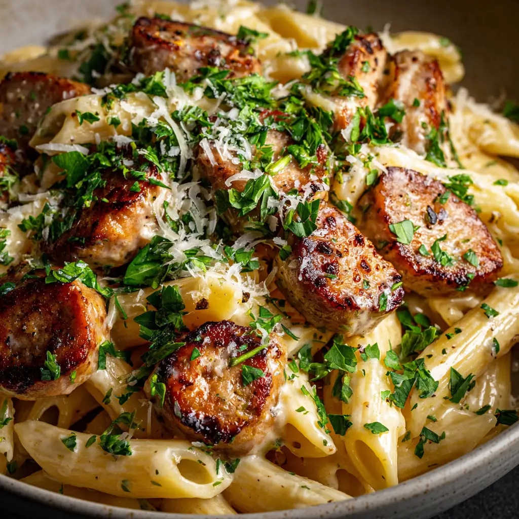 A close-up shot of the creamy chicken sausage pasta in a skillet, showing the rich texture of the parmesan cream sauce clinging to the penne pasta and chunks of chicken sausage.