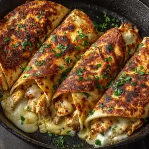 A mixing bowl filled with the creamy chicken wrap filling, showing shredded chicken mixed with cream cheese and herbs before being added to the tortillas.