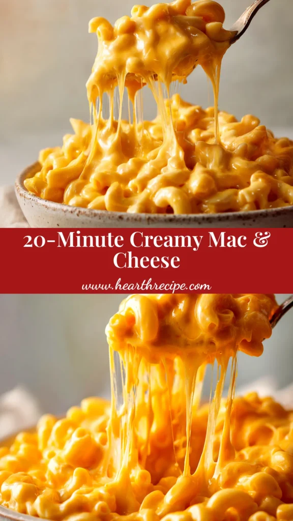 A large white bowl filled with the ultimate creamy mac and cheese recipe, with a spoonful being lifted out showing a glorious cheese pull.