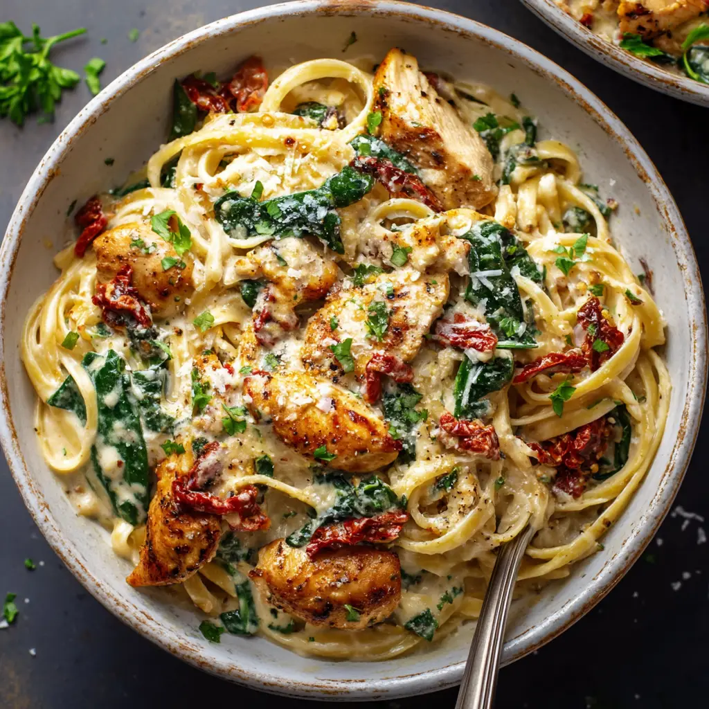 A skillet showing the creamy Tuscan sauce with wilted spinach and sun-dried tomatoes, just before adding the chicken and pasta back in.