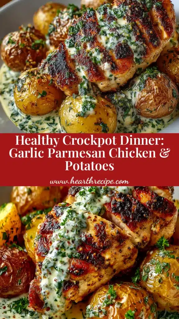Crockpot Garlic Parmesan Chicken (The Easiest, Creamiest Recipe!) 4 A top-down view of creamy Crockpot Garlic Parmesan Chicken in a slow cooker, garnished with fresh parsley.