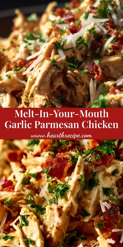 A close-up shot of creamy Crockpot Garlic Parmesan Chicken in a white bowl, served over pasta and garnished with fresh parsley. The perfect easy slow cooker dinner idea.