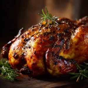 A whole raw chicken covered in a savory herb and spice rub, placed on a bed of chopped vegetables inside a slow cooker before cooking.