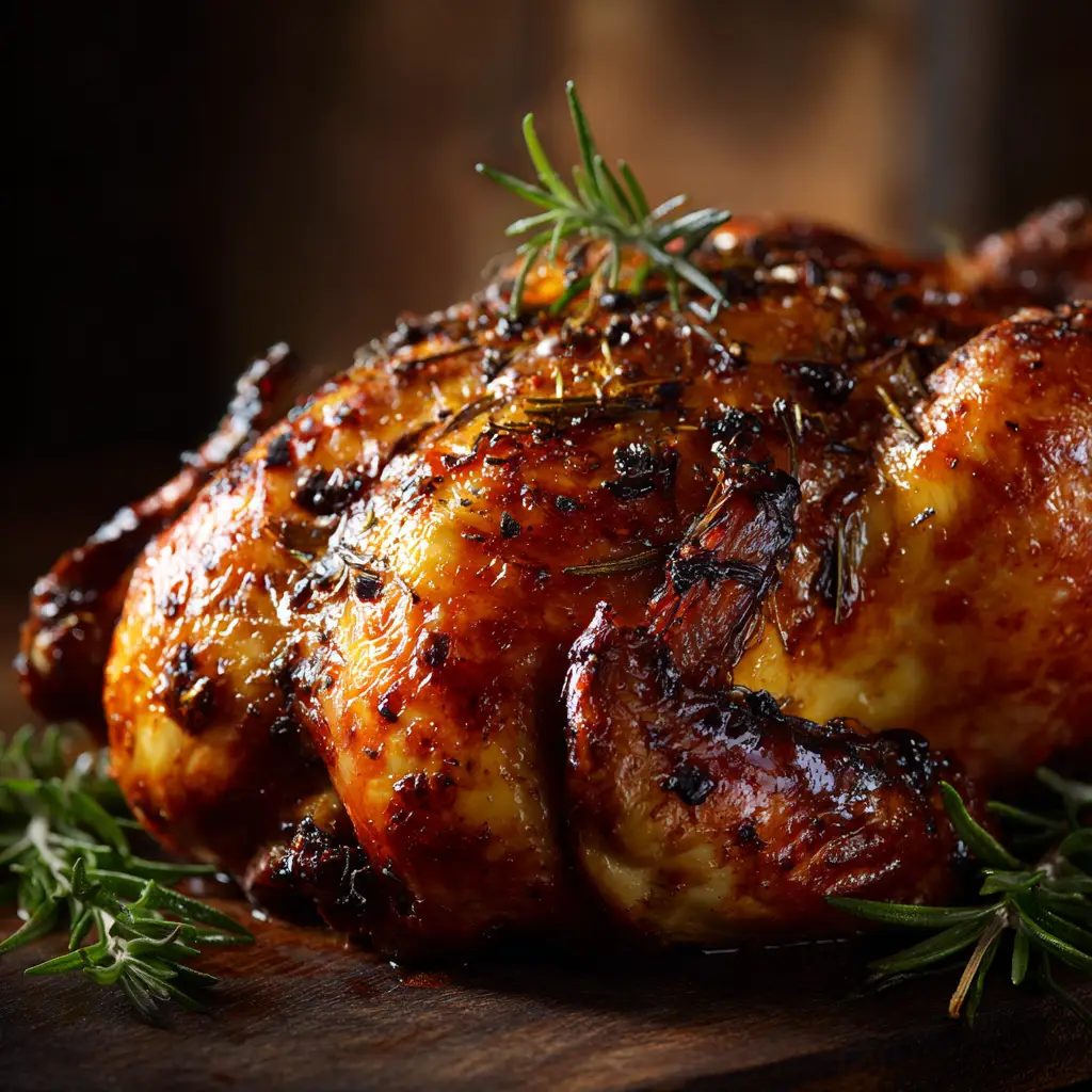 A whole raw chicken covered in a savory herb and spice rub, placed on a bed of chopped vegetables inside a slow cooker before cooking.