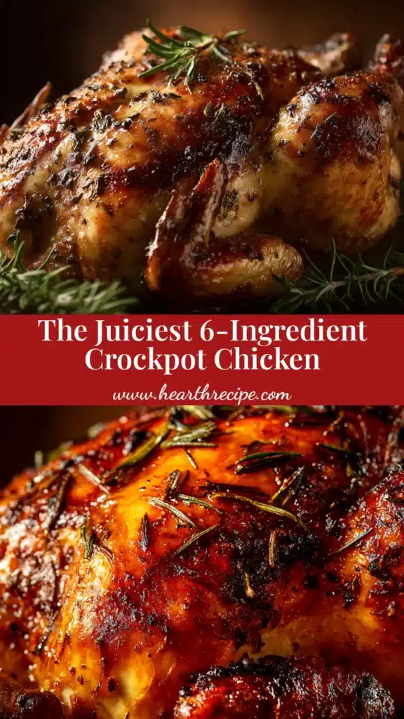 An easy crockpot whole chicken recipe that results in a juicy, tender rotisserie-style chicken. The chicken is shown golden brown on a platter, ready to be served.