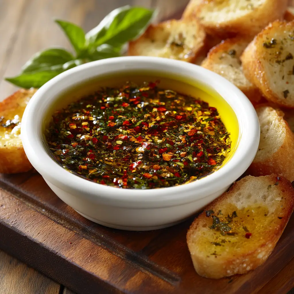 A piece of crusty ciabatta bread being dipped into a bowl of seasoned olive oil, showcasing the texture of the dip.