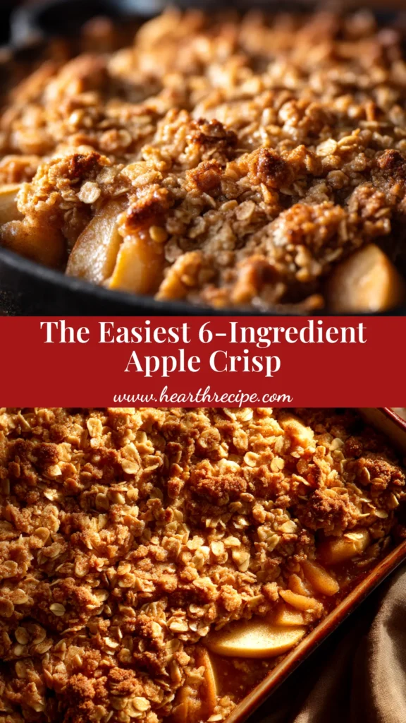 A delicious and easy apple crisp recipe served in a white baking dish with a scoop of vanilla ice cream on top. The crisp has a golden-brown oatmeal topping.