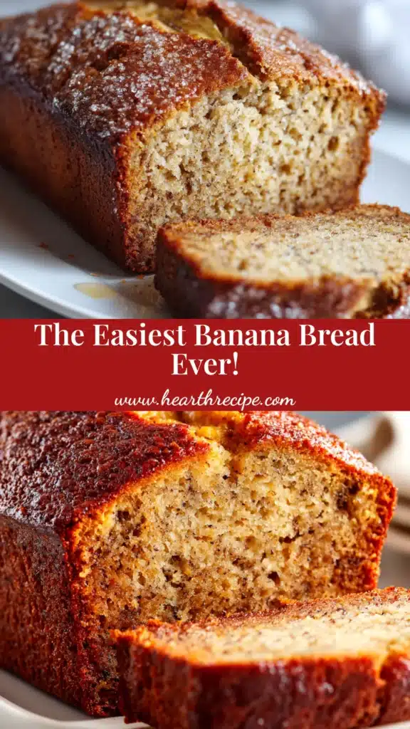 A beautiful hero shot of a sliced loaf of easy banana bread on a wooden board, showcasing its moist texture. The perfect pin to save for later!