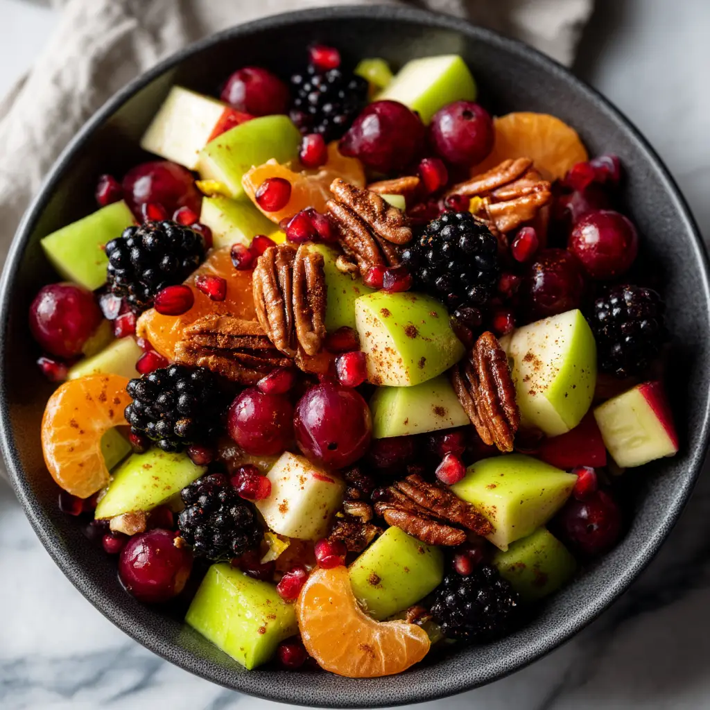 Fall Fruit Salad with Honey-Lime Poppy Seed Dressing 1 A spoonful of the fall fruit salad being lifted from the bowl, showing the honey-lime poppy seed dressing coating the fruit.