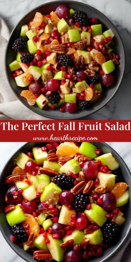 Fall Fruit Salad with Honey-Lime Poppy Seed Dressing 4 An overhead shot of a large white bowl filled with a colorful Fall Fruit Salad, featuring apples, pears, grapes, and pomegranates, tossed in a light dressing.