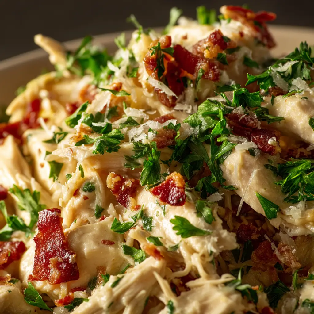 A view inside the slow cooker showing the finished Crockpot Garlic Parmesan Chicken, with the creamy sauce bubbling around the tender chicken breasts.