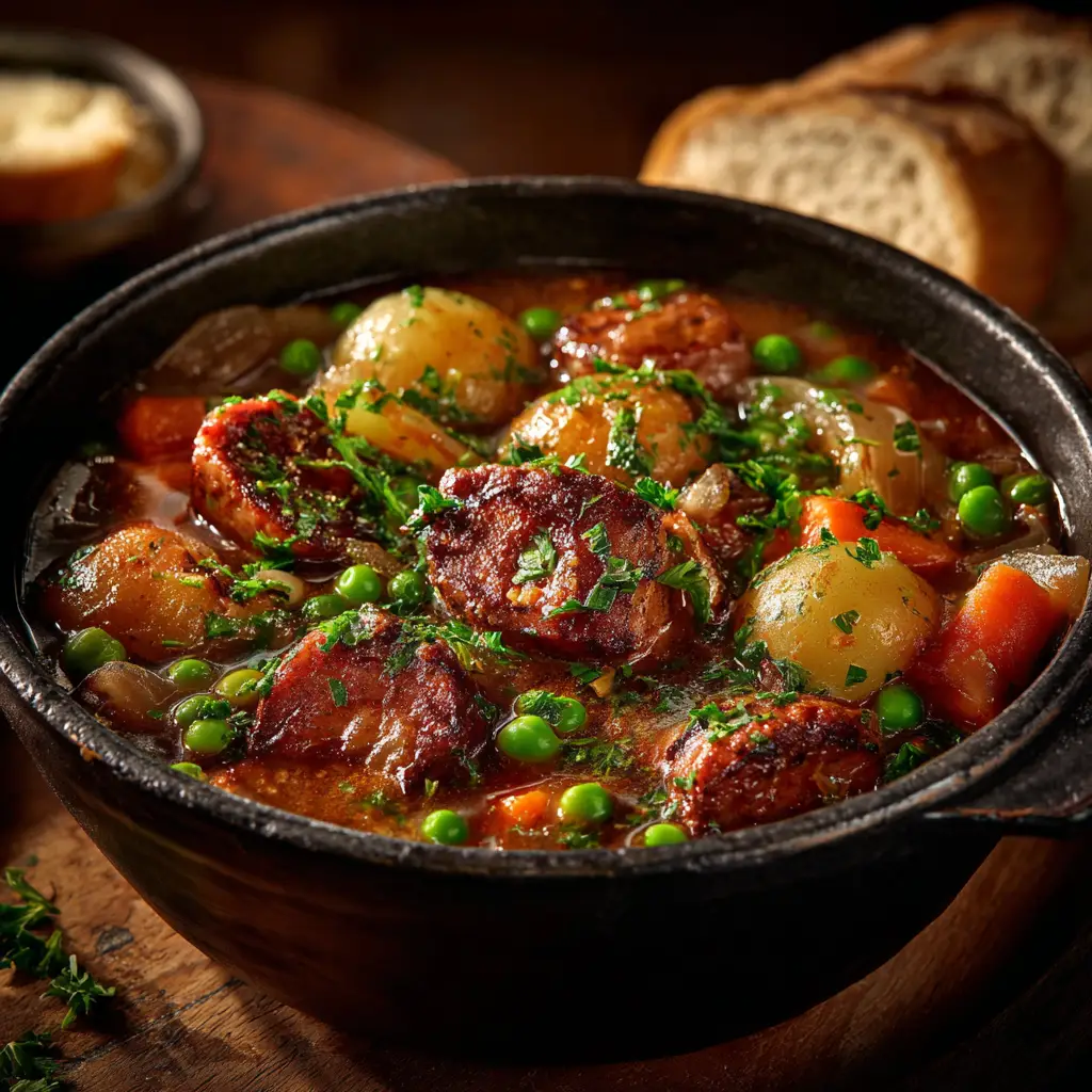 A delicious, finished Dublin Coddle simmering in a cast-iron pot, ready to be served as a hearty Irish sausage and potato stew.
