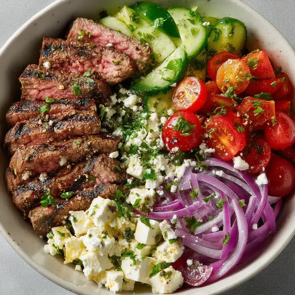 A lifestyle shot of two assembled Mediterranean steak bowls ready to be eaten, showcasing the final dish in a bright, inviting setting.