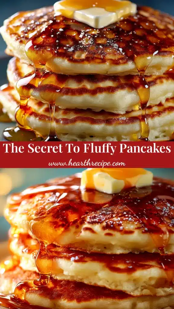 A tall stack of fluffy homemade pancakes on a white plate, topped with a pat of butter and drizzled with maple syrup. Fresh blueberries are scattered around the plate.